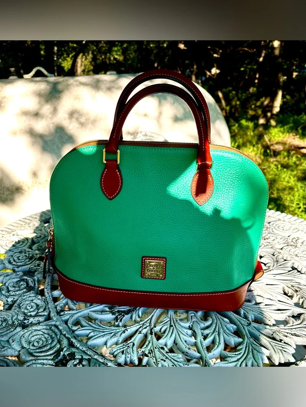 Dooney & Bourke Teal Leather Dome Satchel with Brown Trim